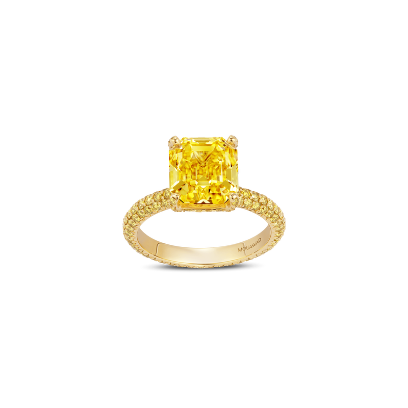 Emerald-Cut Fancy Vivid Yellow Diamond Ring with Full Pavé Band