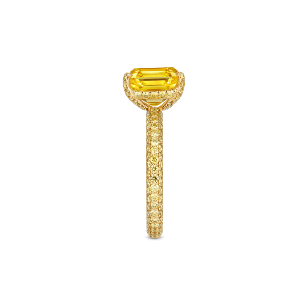 Emerald-Cut Fancy Vivid Yellow Diamond Ring with Full Pavé Band